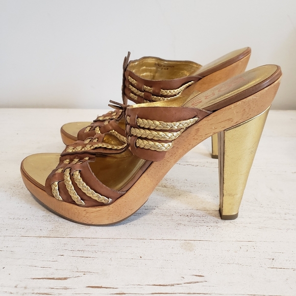 MICHAEL KORS BROWN LEATHER SANDALS WOODEN HEEL PLATFORM Size 9.5 - Picture 4 of 10